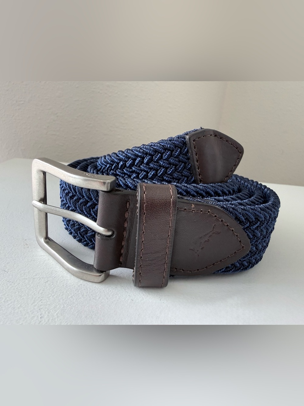 Tommy Bahama | Men’s XL (42-44”) | Navy Stretch Belt Leather Trim Silver Buckle